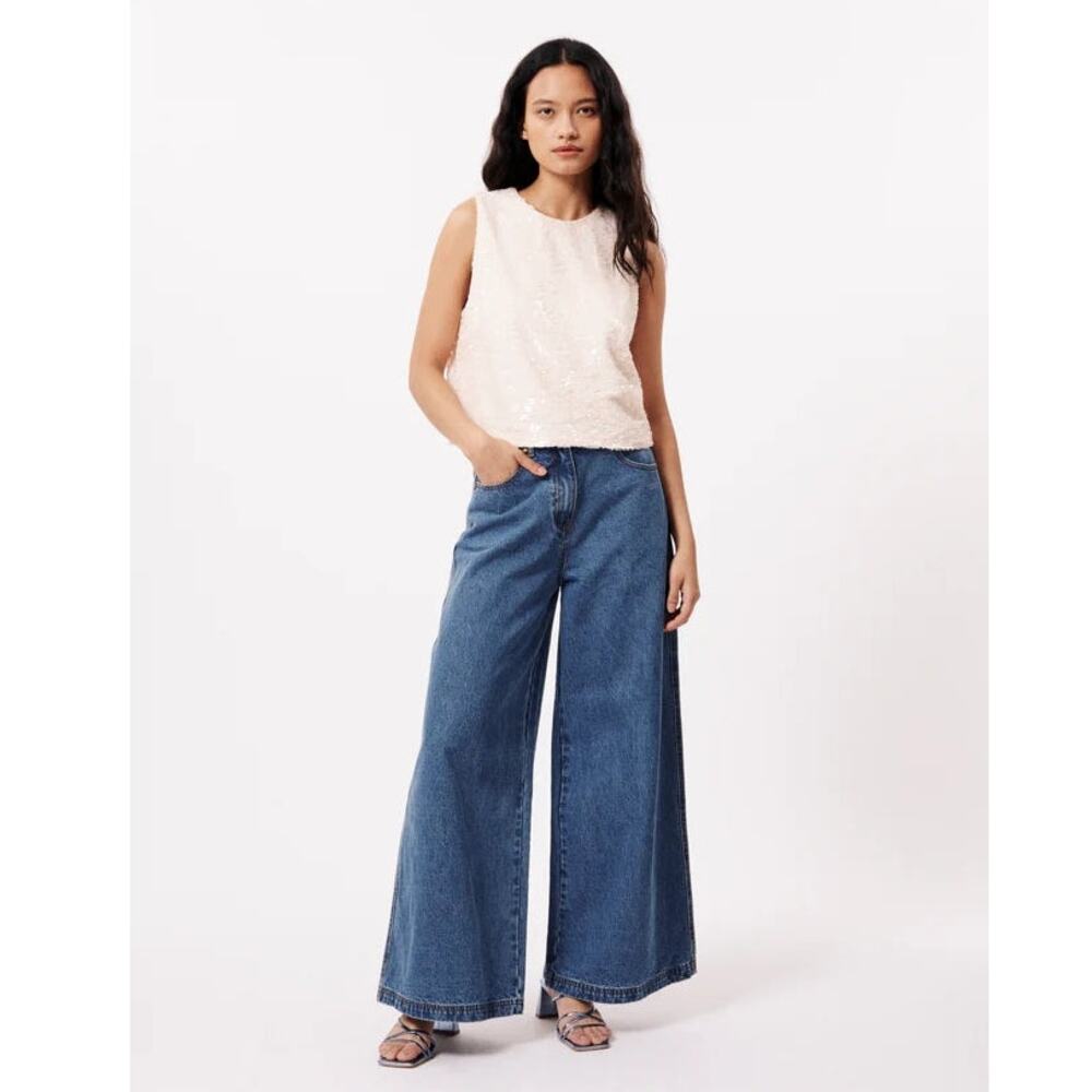 FRNCH Women's size 28 Nadeja Jeans Mid Blue Super Wide Flare Legs Baggy Denim